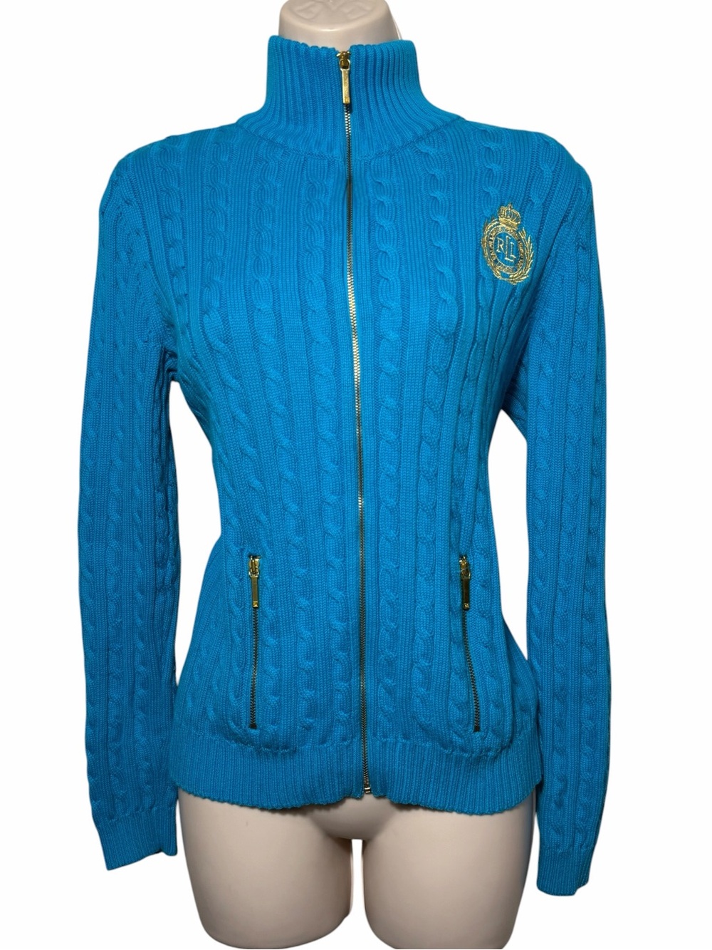 Lauren Ralph Lauren ~Woman Size S~ Teal Cable Knit Zip Up Jacket Sweater w/Logo
